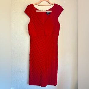 Adrianna Papell Red Pintuck Pleated Bodycon Cap Sleeve Midi Cocktail Dress 10
